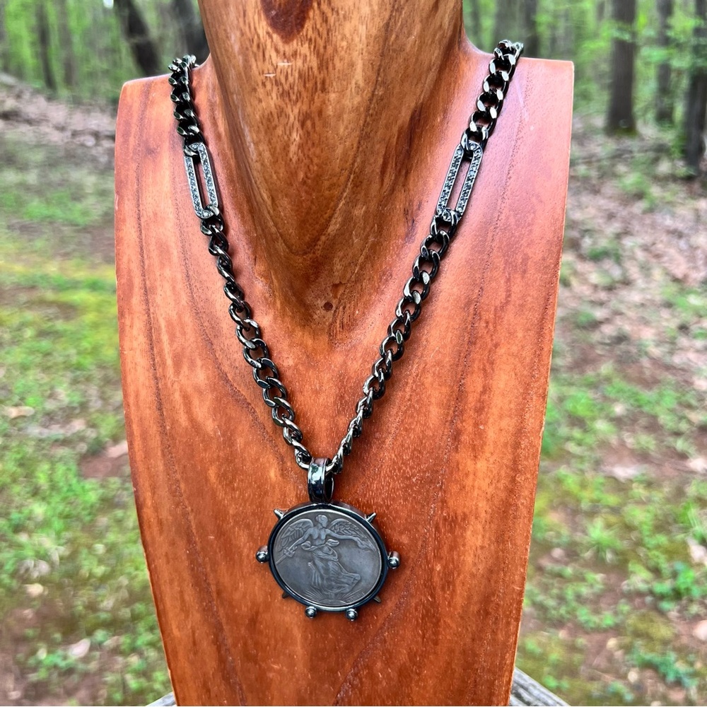 Angelic European French Coin Replica Pendant Gunmetal 32” Necklace